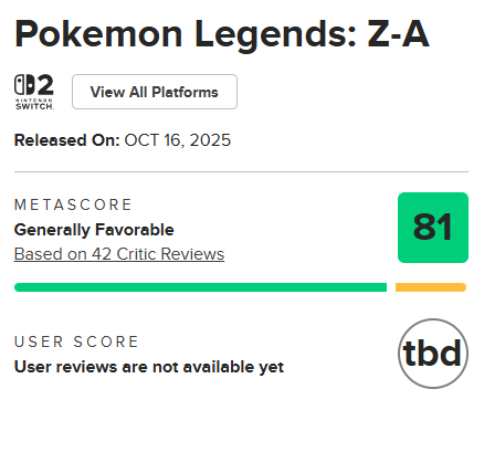 牛博士 《宝可梦传说 Z-A》M站均分81：目前最出色的宝可梦游戏！